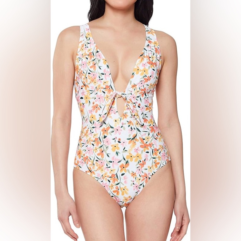 XL‎ floral white swimsuit one piece NWT summer bathing plunging v neck sexy